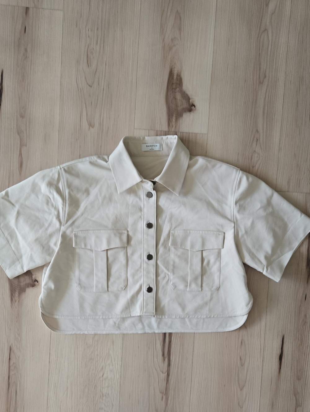Babaton Short Sleeve Button Down Cropped, Cream, Size Small